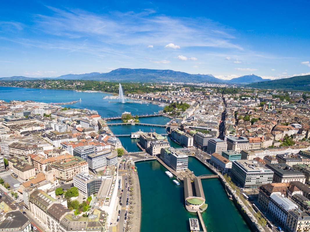 Aerial view of Leman lake - Geneva city in Switzerland