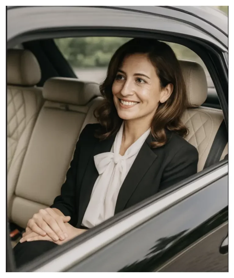 Business woman getting private taxi in Switzerland