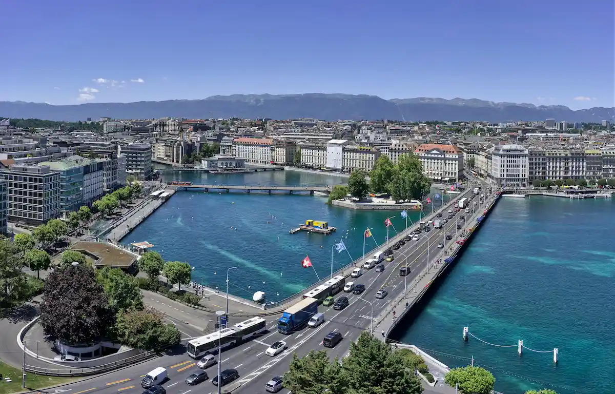 Aerial view of Leman lake - Geneva city in Switzerland